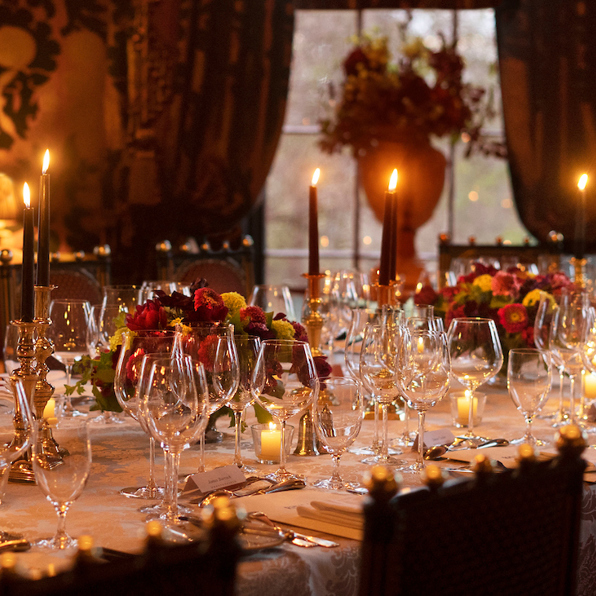 Table set with candles and glasses for large group private dining at Rhubarb restaurant in Edinburgh 